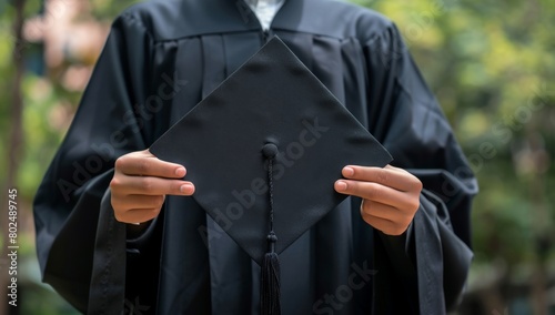 A person wearing black robes and holding their graduation cap in front, symbolizing the achievement standing outdoors against a blurred background Generative AI photo