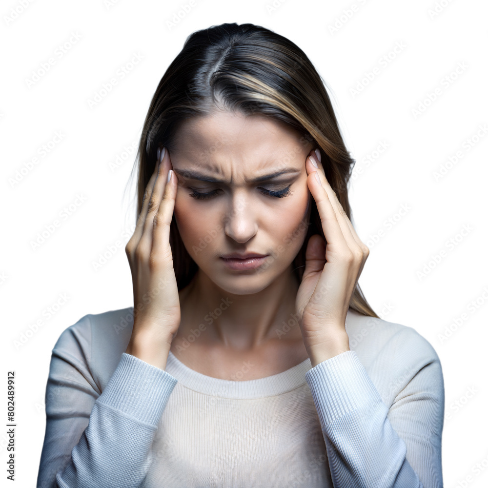 Young Woman Experiencing Headache or Stress With Eyes Closed on Transparent Background Young Woman Experiencing Headache or Stress With Eyes Closed on Transparent Background