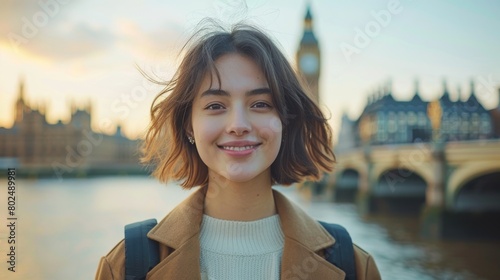 a happy young Asian lady is looking away white on a sunny day