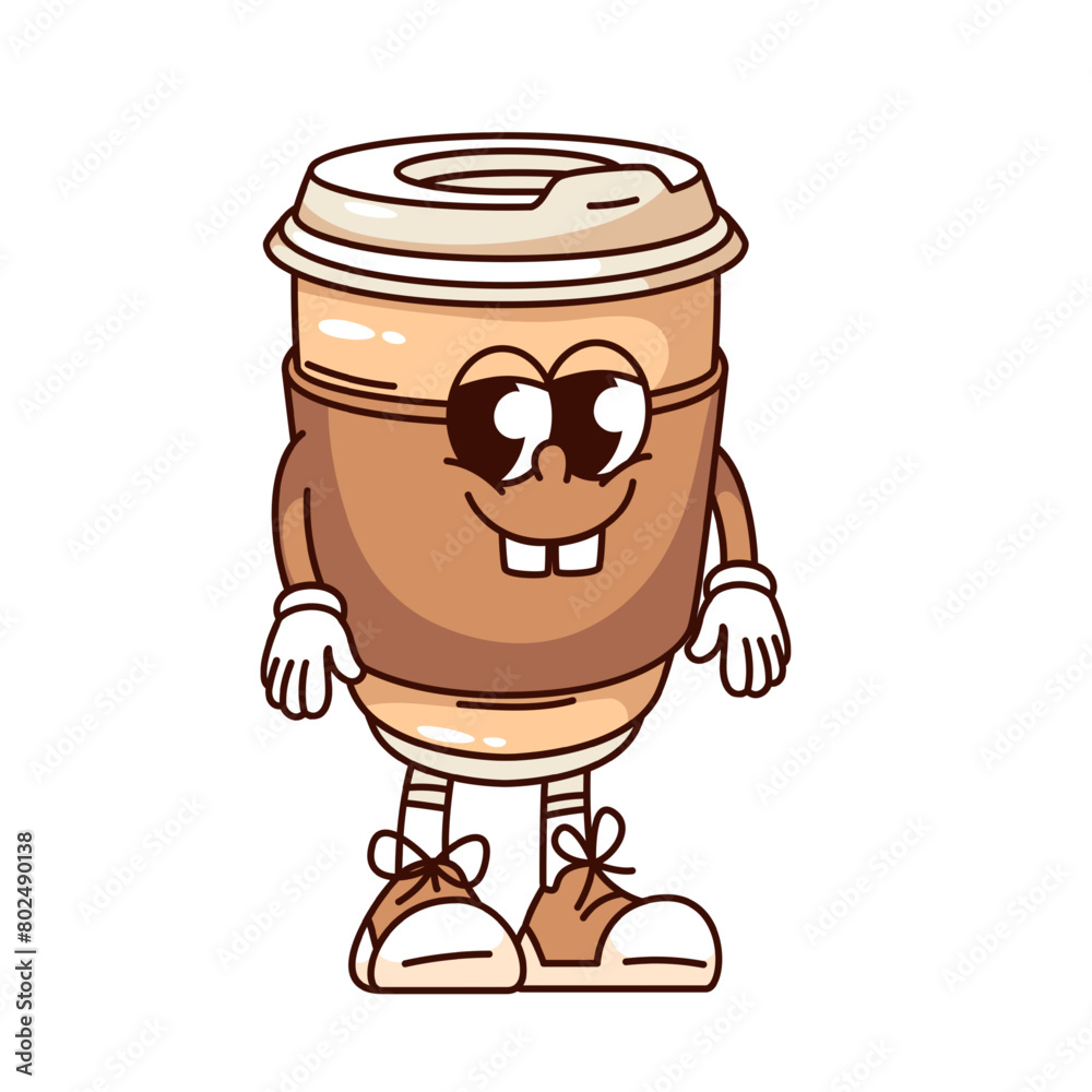 Groovy hot coffee cup cartoon character with funky smile. Funny retro paper takeaway coffee in disposable container, takeaway drink mascot, cartoon sticker of 70s 80s style vector illustration Groovy hot coffee cup cartoon character with funky smile. Funny retro paper takeaway coffee in disposable container, takeaway drink mascot, cartoon sticker of 70s 80s style vector illustration