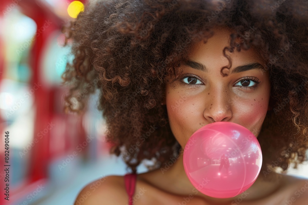 Naklejka premium Afro Beauty Blowing Bubble Gum. Closeup of Cheerful African Girl with Curly Hair and Colorful