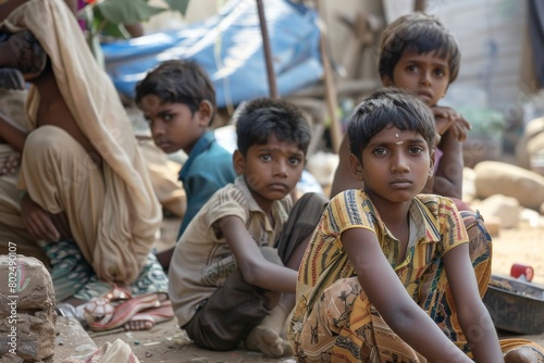 Young indian poor children sitting on the street