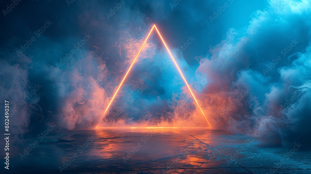 The mockup for your logo has a neon blue color geometric triangle on a dark background. Mystical portal on a dark background. Futuristic smoke on a dark background.