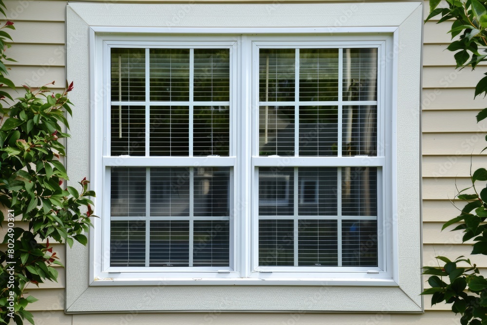 Affordable Double Hung Window with Elegant Colonial Architrave and Grille Design on Vinyl Siding
