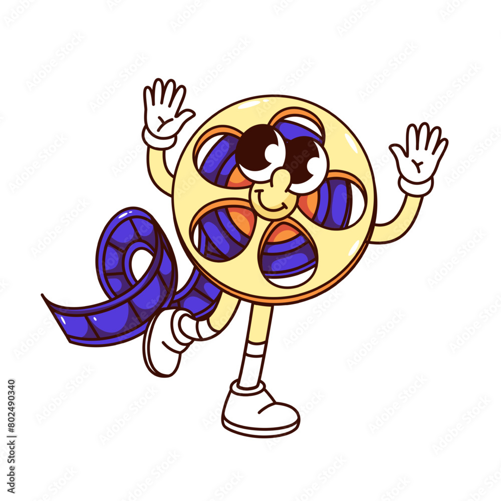 Groovy retro film reel cartoon character walking with hand up. Funny vintage film spool with tape roll running, cinema and video movie mascot, cartoon sticker of 70s 80s style vector illustration