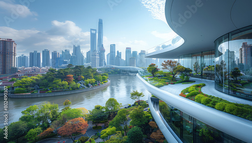 A high-quality photograph capturing the modern architecture of Shanghai's Wencun pocket park, showcasing its unique design and lush greenery against an urban skyline backdrop. Created with Ai photo