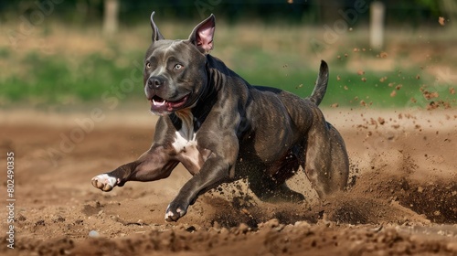 Brindle American Pit Bull Terrier dog running AKC FastCAT lure course sport in the dirt on a sunny summer day photo