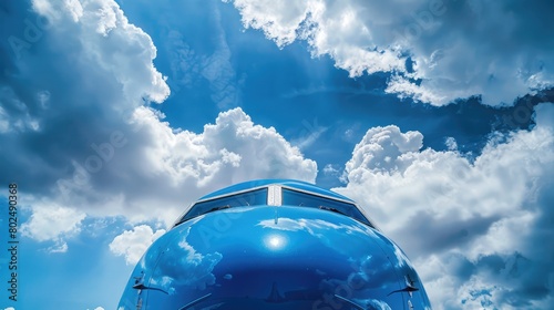 Airplane Nose in Blue Skies. Passenger Plane Cockpit in the Clouds with Sky and Horizon