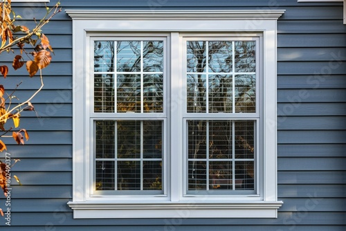 Affordable Double Hung Window with Elegant Frame, Grilles, and Vinyl Siding on Colonial Style photo