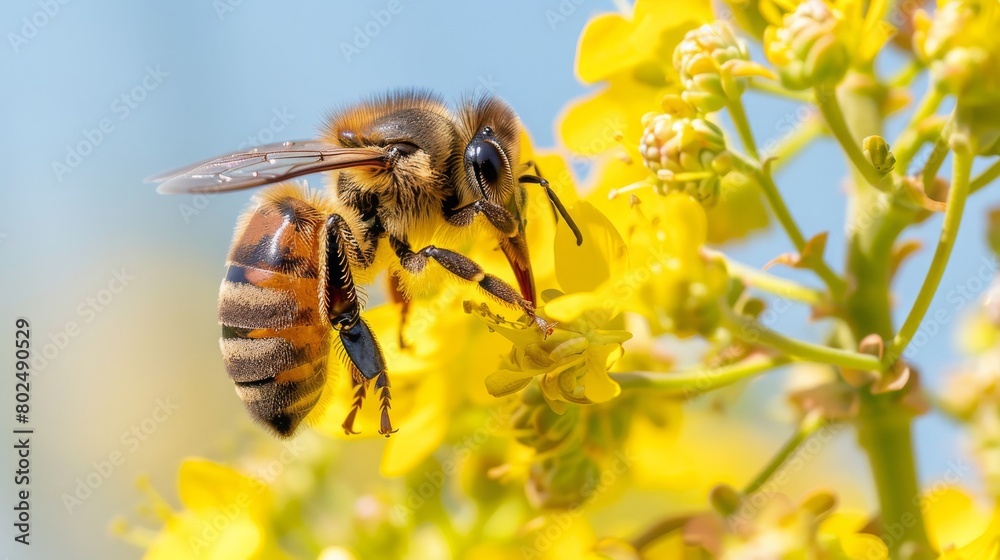 Close-Up of a Bee Pollinating Vibrant Yellow Rapeseed Flowers on a Sunny Day Close-Up of a Bee Pollinating Vibrant Yellow Rapeseed Flowers on a Sunny Day