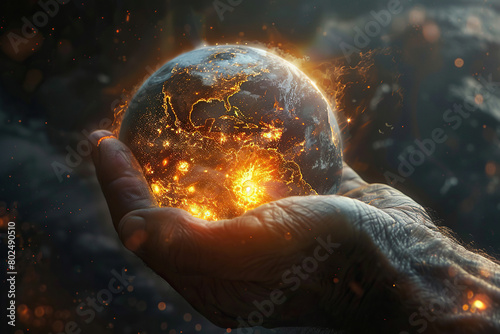 A hand holds the planet earth, shrouded in fire, on a dark background. Global catastrophe concept. Generated by artificial intelligence