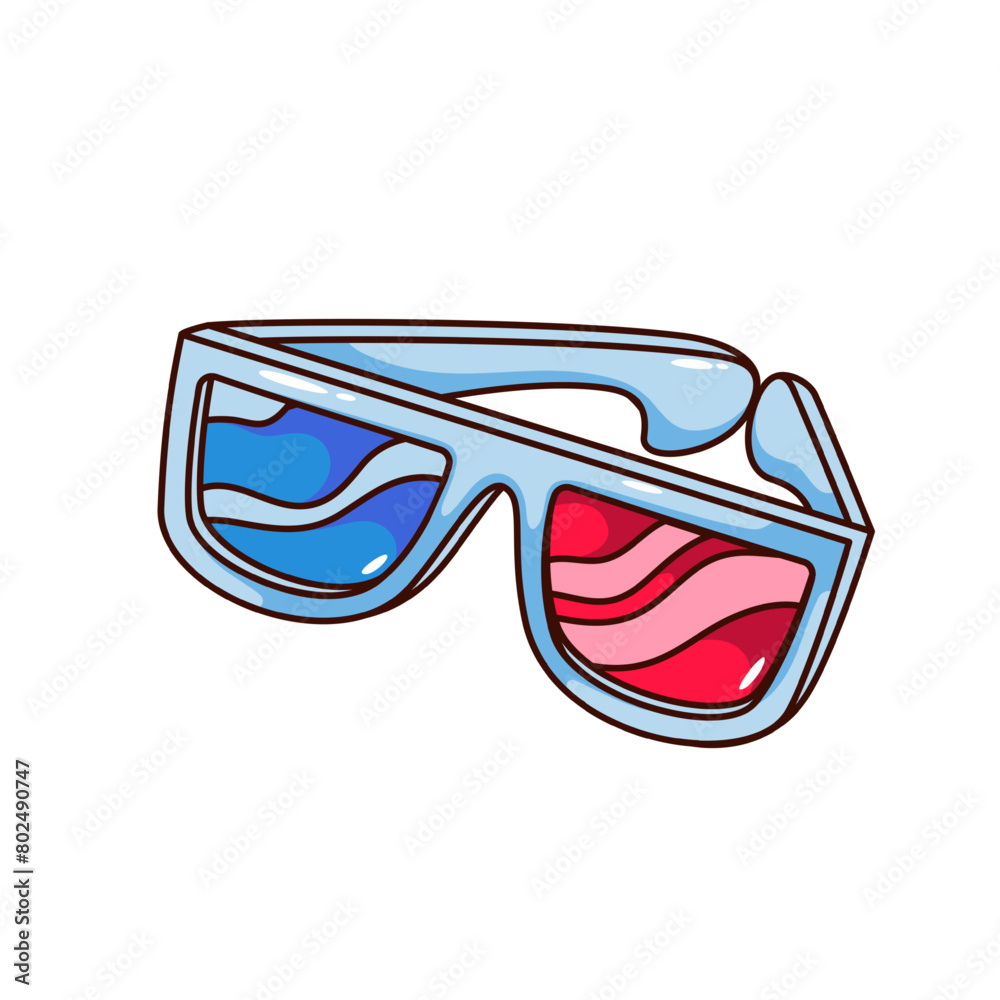 Groovy cartoon 3D glasses for movie in cinema. Funny retro stereo plastic spectacles with red and blue lens, film accessory mascot, glasses cartoon sticker of 70s 80s style vector illustration Groovy cartoon 3D glasses for movie in cinema. Funny retro stereo plastic spectacles with red and blue lens, film accessory mascot, glasses cartoon sticker of 70s 80s style vector illustration