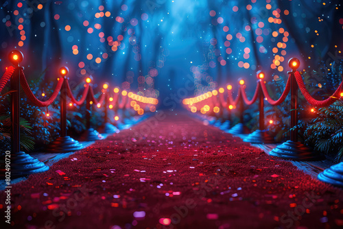 A glamorous red carpet event with golden st wonderful lighting, the backdrop is a dark night sky, bokeh lights. Created with Ai