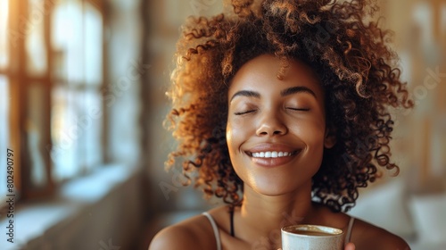 Afro-haired african-american female stands in a light room and drinks coffee while smiling with her eyes closed