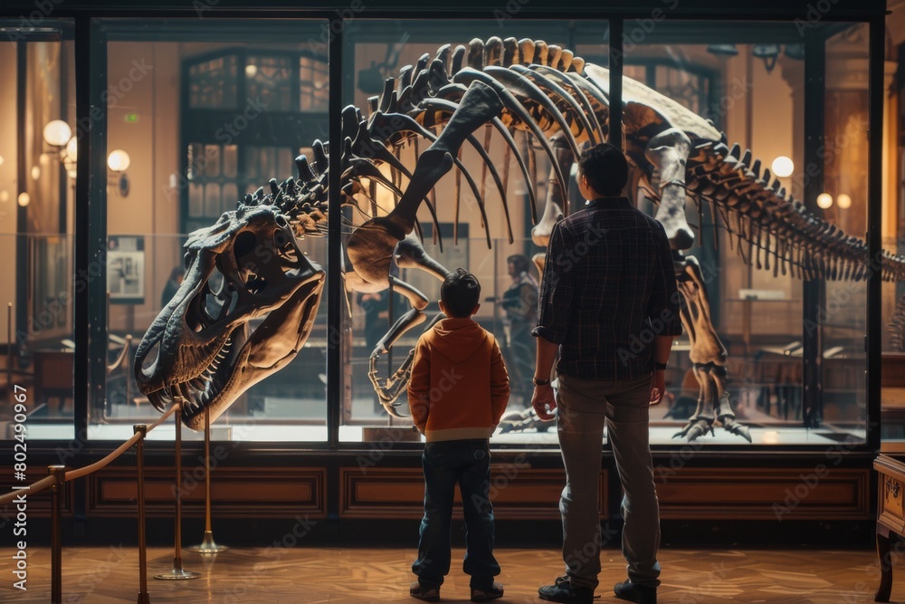 Dad and boy watching dinosaur skeleton in museum