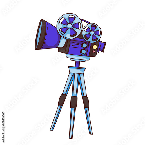 Groovy cartoon professional film camera on tripod. Funny retro cinema projector with filmstrip spool, cinematography mascot, cartoon old camcorder sticker of 70s 80s style vector illustration
