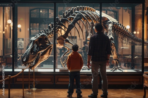 Dad and boy watching dinosaur skeleton in museum © artemstepanov