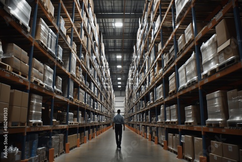 Person walking down the aisle of a large warehouse, flanked by high shelves stocked with boxes
