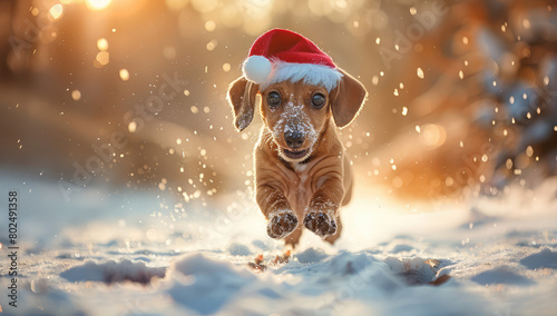 A dachshund puppy wearing a Santa hat running in the snow, smiling and looking at the camera. Created with Ai