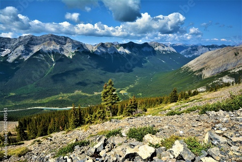 Panoramic view from the Ha Ling Peak at the northwestern end of Ehagay Nakoda, a mountain located immediately south of the town of Canmore (Alberta's Canadian Rockies, Canada) photo