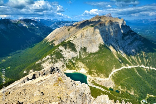 Panoramic view from the top of Ha Ling Peak at the northwestern end of Ehagay Nakoda, a mountain located immediately south of the town of Canmore (Alberta's Canadian Rockies, Canada) photo