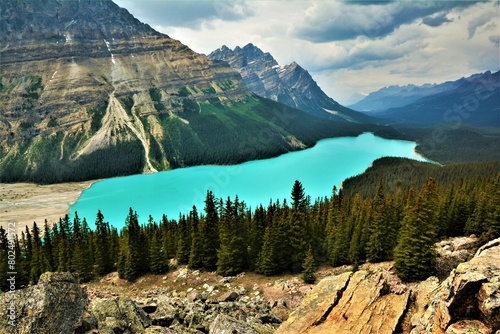 Peyto Lake - a glacier-fed turquoise lake in Banff National Park in the Canadian Rockies (Alberta, Canada) photo