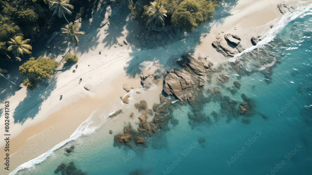 An aerial photo of sandy beach with ocean waves and palm trees