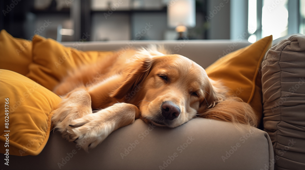 Portrait of a golden retriever dog lying on sofa Portrait of a golden retriever dog lying on sofa