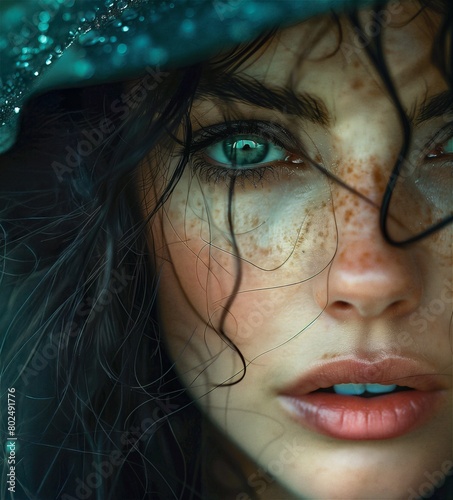  close-up portrait of a gorgeous dark-haired woman with freckles and blue-green eyes wearing a hat in the rain