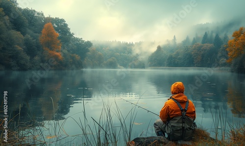 Lakeside fishing, early morning, mist over water, low angle, peaceful scene © NeeArtwork