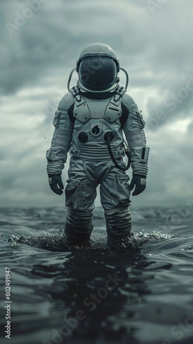 Astronaut  helmet and water with walk in space for travel to planet  mission for research and moon journey to explore. Person  spacesuit and protection for adventure in lake with safety and gravity