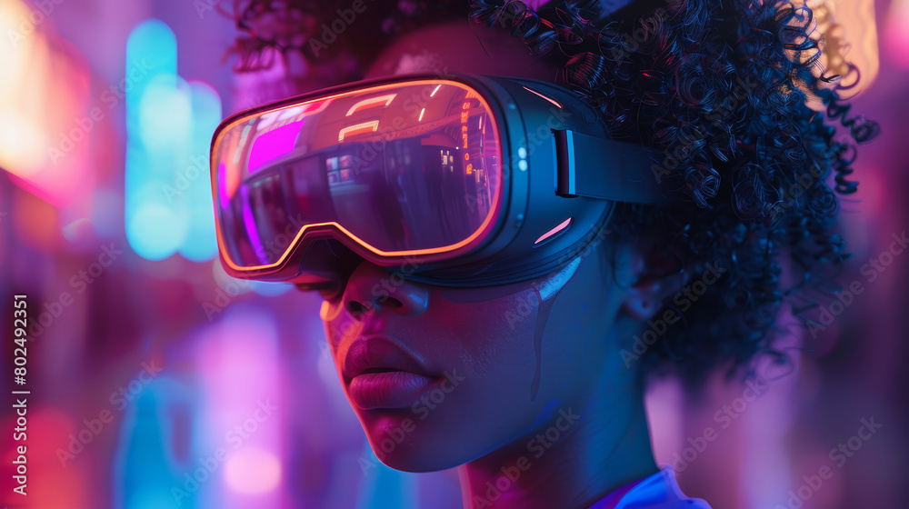 Young women immersed in a virtual reality experience surrounded by vibrant neon lights and bokeh effect in an urban setting Young women immersed in a virtual reality experience surrounded by vibrant neon lights and bokeh effect in an urban setting