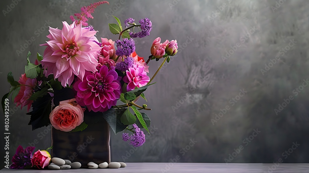 An elegant arrangement of colorful flowers in a vase on a textured background with a serene ambiance. An elegant arrangement of colorful flowers in a vase on a textured background with a serene ambiance.