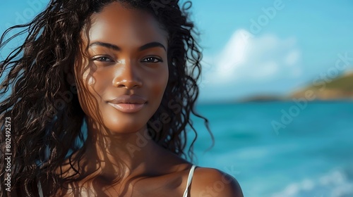 Portrait of a beautiful young woman with curly hair by the sea at sunset with a serene expression. 