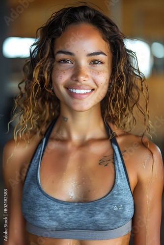 Cheerful young woman with curly hair, wearing a sports bra, smiles radiantly in a gym setting, giving a vibe of health and positivity. 