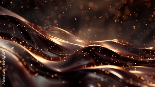 Splashing and whirl chocolate liquid for design on brown background with glowing bokeh photo