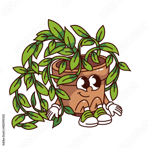 Groovy vine potted plant cartoon character sitting with smile. Funny retro happy Epipremnum plant with pot and sneakers, home garden mascot, cartoon sticker of 70s 80s style vector illustration