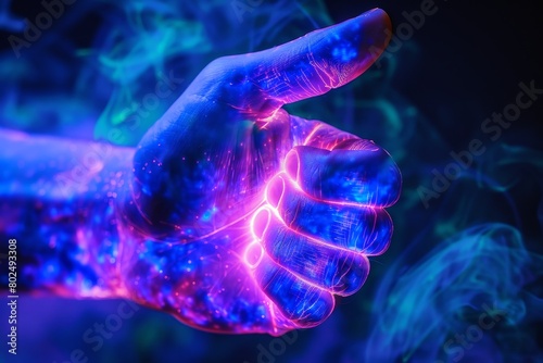 A Kirlian aura of a human hand in esoteric colors showing all fingers.