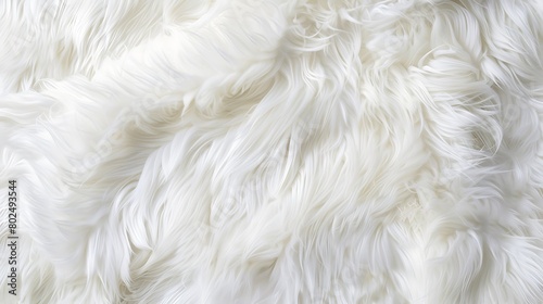 A close-up texture image of luxurious white faux fur fabric.  photo