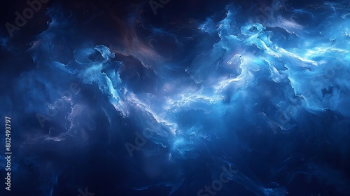 Mystical deep blue nebula with swirling clouds creating an abstract cosmic background for a serene yet powerful space-themed backdrop. 