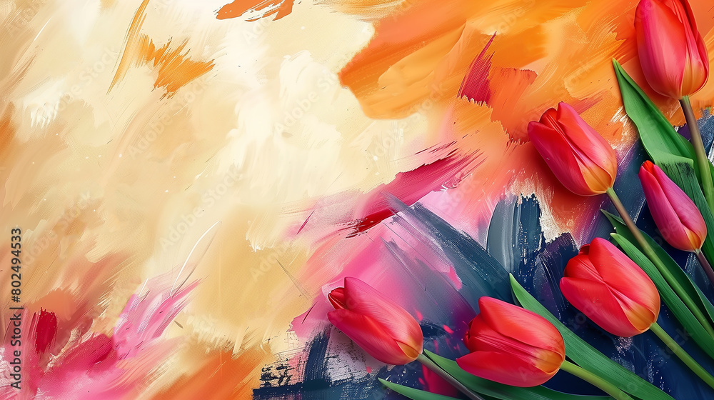 Vibrant Tulips on Abstract Cream and Orange Background: Colorful Oil Painting for Lively Home Decor and Floral Wall Art