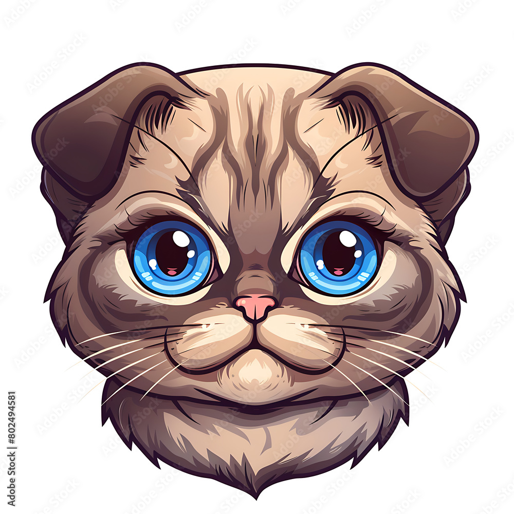 Scottish fold ears cat logo, clear lines, emblem, symbol, sign, mascot, cute pet, portrait illustration for design and print, on a white background