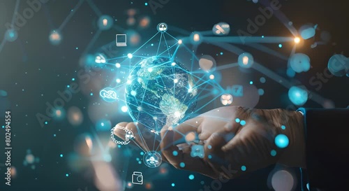 Digital marketing, Global business, business strategy concept. Businessman touching on global network with technology icons.