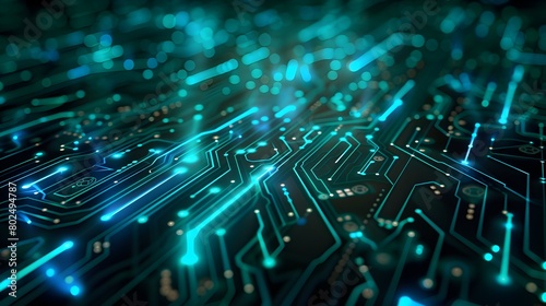 Abstract background with glowing blue and green circuit board lines on black background Digital technology concept, cyber network connection in cyberspace ,copy space, High quality,