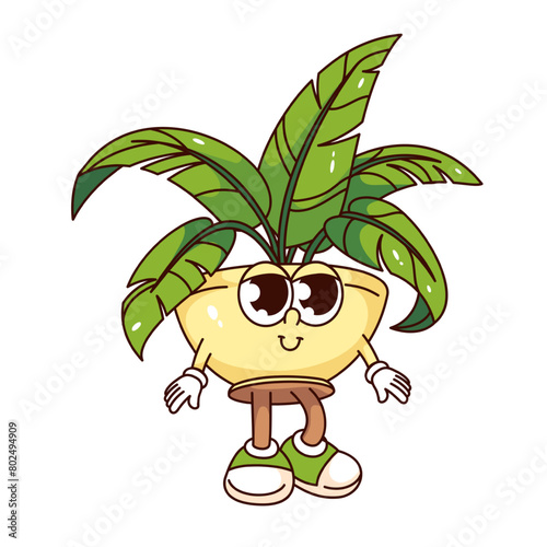 Groovy cute plant pot cartoon character with big eyes and sneakers. Funny retro yellow vase with plant leaves, home or office garden mascot, cartoon sticker of 70s 80s style vector illustration