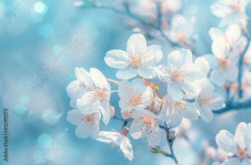 White cherry blossoms in the foreground  blurred blue sky background  soft focus photography  