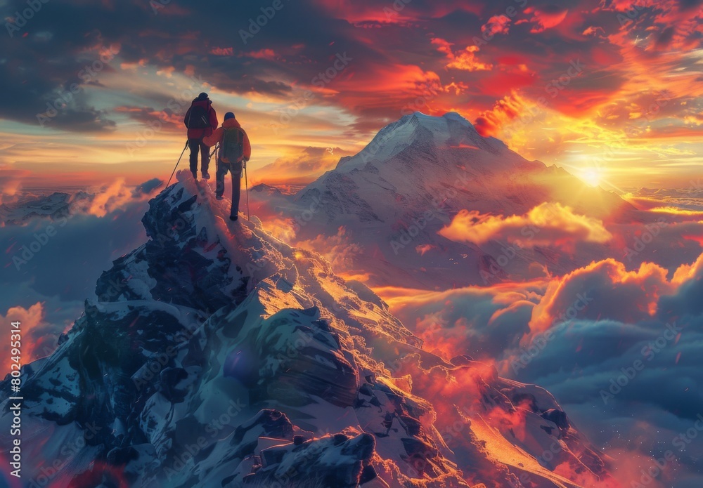 Two hikers helping each other reach the top of the mountain, with a sunrise in the background, in an epic, dramatic, cinematic style in the style of a photorealistic painting.