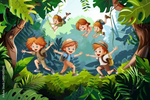 Group of kids playing in the jungle cartoon vector illustration graphic design.