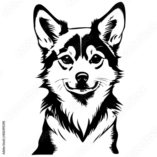Isolated Alaskan Klee Kai sitting monochrome hand drawn animal illustration, transparent background