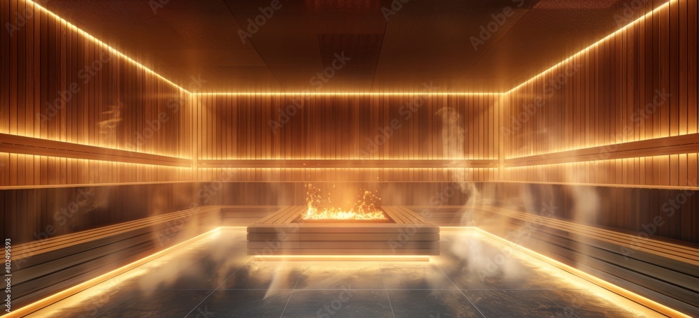 The interior of an empty steam room is shown, with wooden wall panels and lighting and air tiles on the top forming a rectangular shape. A large wooden bench sits in front of two walls, with steam 